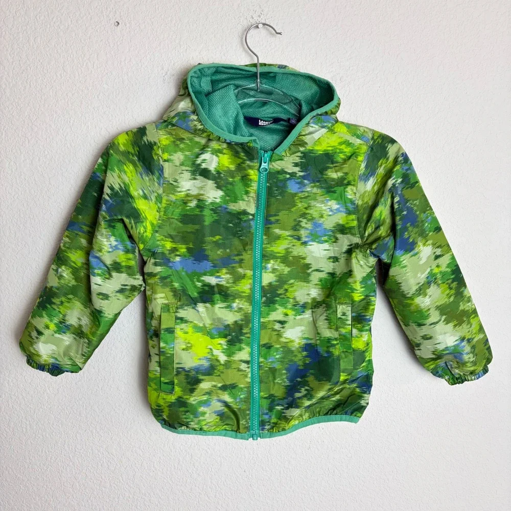 Lands End Kids Green Abstract Camo Hooded Windbreaker Jacket XS 4-5